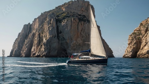 mediterranean sea travel background,Sailing boat drifting on calm Mediterranean waters near rugged cliffs

