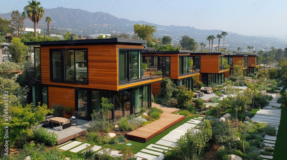 Modern wooden cabins surrounded by lush greenery. Modern wooden cabins surrounded by lush greenery.