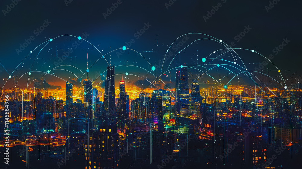 Fototapeta premium Smart digital city with connection cyber security network reciprocity over the cityscape . future smart wireless digital city and social media networking systems that connects people within the city