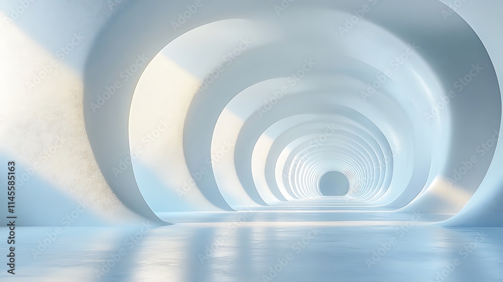 Fototapeta premium Abstract white tunnel with concentric circles and sunlight.