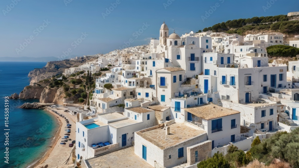 mediterranean sea travel background,Whitewashed buildings with blue shutters overlooking the Mediterranean coastline

