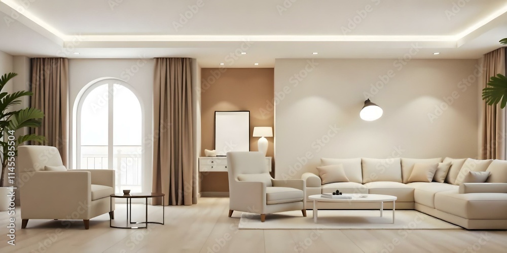 A modern and minimalist living room with beige and neutral tones . The room features a large arched window , a plush beige sofa , a round coffee table , and a beige armchair . A modern and minimalist living room with beige and neutral tones . The room features a large arched window , a plush beige sofa , a round coffee table , and a beige armchair .
