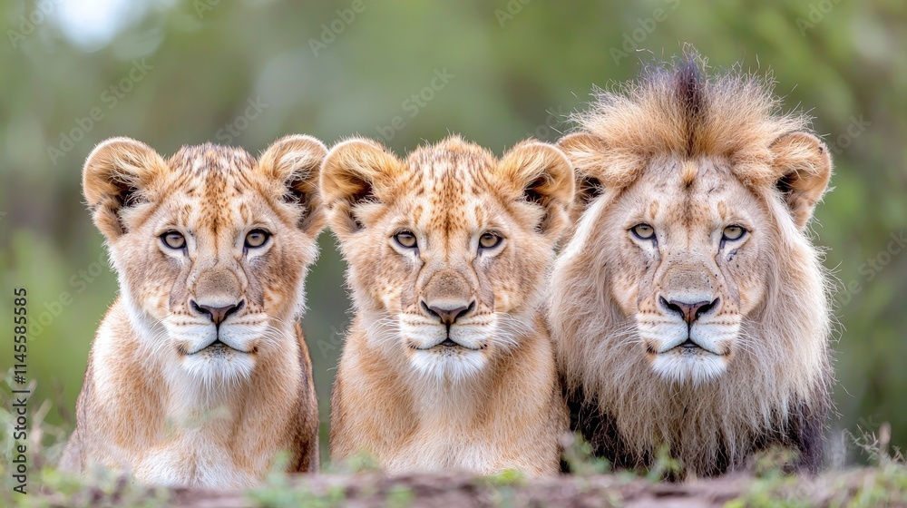 Proud lion family portrait; two cubs and father. Proud lion family portrait; two cubs and father.