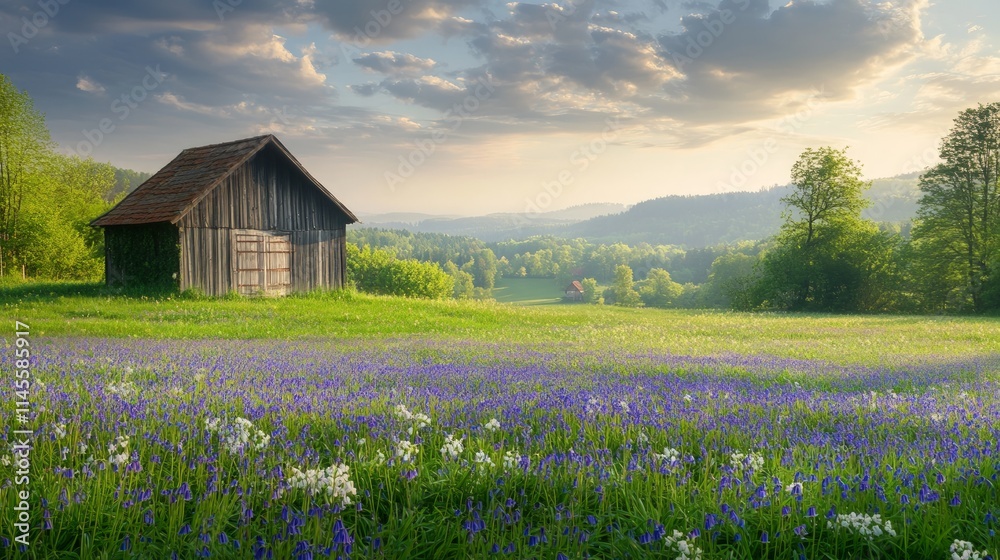 Peaceful Rural Landscape with Field and Rustic Wooden Barn Peaceful Rural Landscape with Field and Rustic Wooden Barn