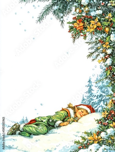 Enchanted Christmas Elf Sleeping on Snowy Ground Surrounded by Holiday Decorations and Winter Wonderland Elements in a Fantasy Illustration
