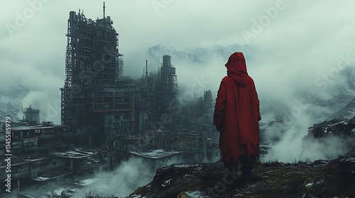 Red robed figure observes a desolate industrial landscape photo