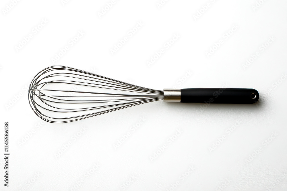 A sleek metal whisk with a black handle, ideal for mixing ingredients in cooking and baking. A sleek metal whisk with a black handle, ideal for mixing ingredients in cooking and baking.