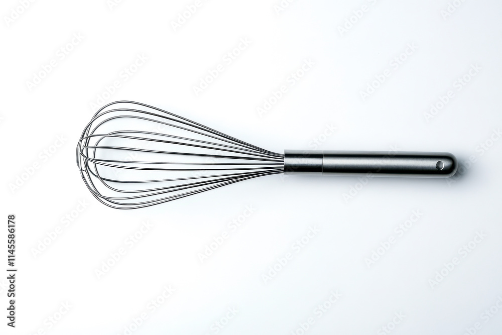 A sleek stainless steel whisk designed for efficient mixing and aerating in the kitchen.
