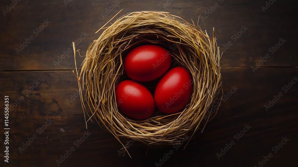 Vibrant Red Eggs Nestled in a Rustic Straw Nest on a Dark Wooden Background Vibrant Red Eggs Nestled in a Rustic Straw Nest on a Dark Wooden Background