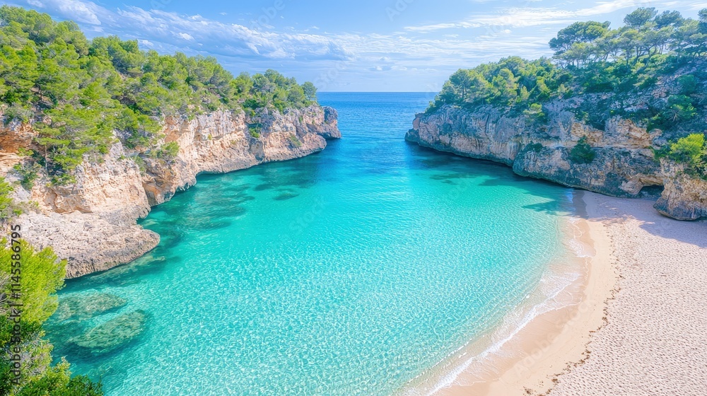 Fototapeta premium Secluded cove with turquoise water, white sand beach, and green cliffs under a sunny sky.