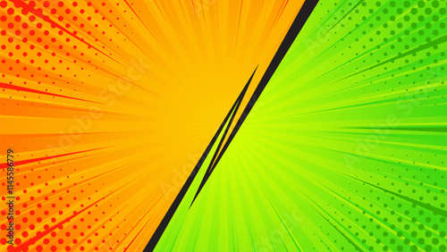 Bright orange and green comic cartoon background. Abstract pop art comic sunburst effect with halftones. Suitable for thumbnails, templates, banners, events, ads, web, and pages