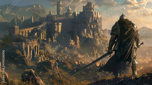 A lone knight stands atop a hill overlooking a majestic medieval city, his sword drawn, ready to defend the realm.