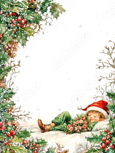 Enchanting Christmas Illustration Featuring a Peaceful Child in Santa Hat Surrounded by Festive Holly and Snowflakes for a Whimsical Holiday Scene