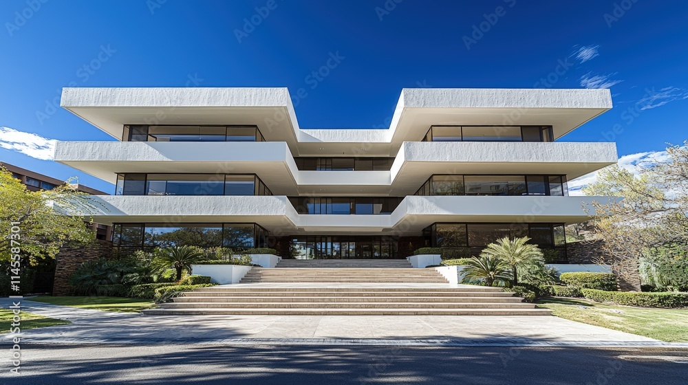 Fototapeta premium Modern white concrete residential building with a symmetrical tiered design and wide steps under a clear blue sky.