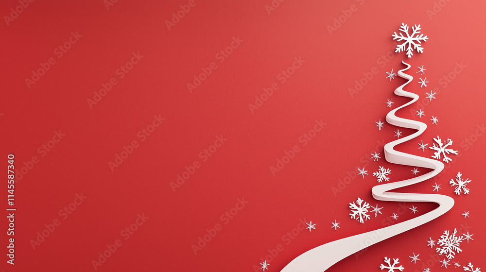 Red Christmas Tree: A minimalist Christmas tree design crafted from a single white ribbon, adorned with snowflakes, against a vibrant red backdrop. The minimalist. Red Christmas Tree: A minimalist Christmas tree design crafted from a single white ribbon, adorned with snowflakes, against a vibrant red backdrop. The minimalist.