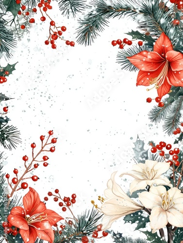 Festive Christmas Border Illustration Featuring Vibrant Red Flowers and Lush Greenery Ideal for Holiday Art and Card Designs