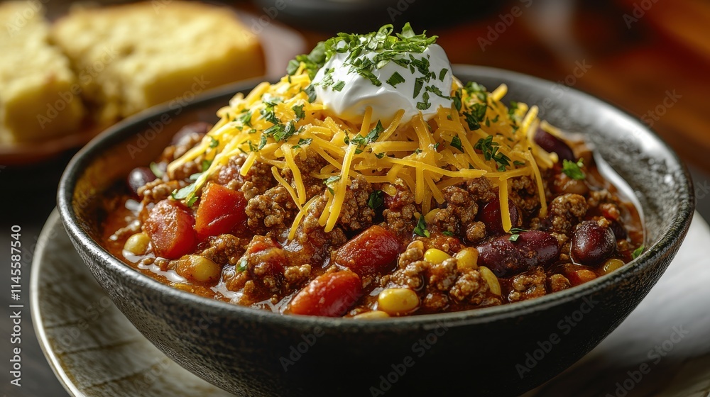 Hearty Chili and Cornbread Meal in Cozy Restaurant Setting, Perfect for Food Advertisements Hearty Chili and Cornbread Meal in Cozy Restaurant Setting, Perfect for Food Advertisements