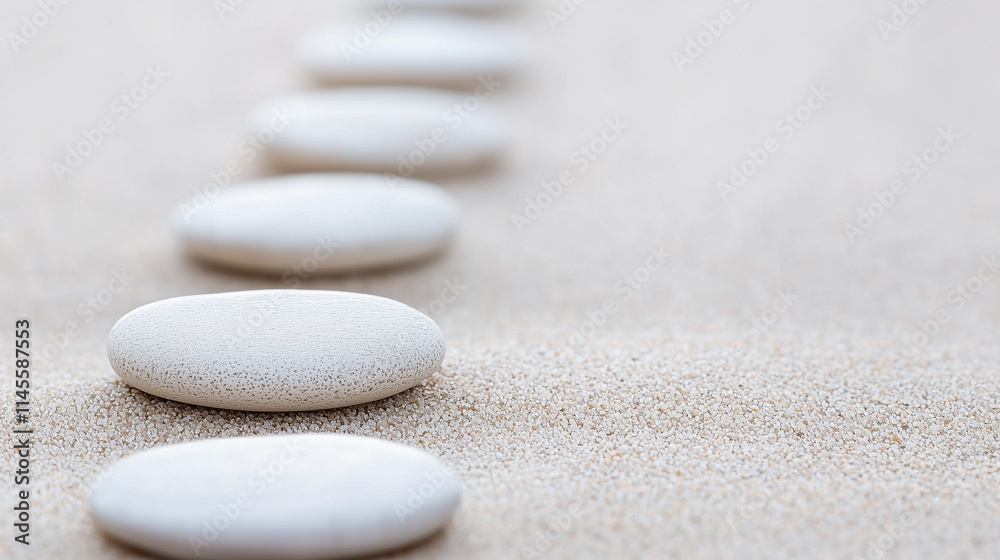 Serene Steps: White Stones on Sand. A pathway of smooth, white stones arranged in a straight line on light beige sand, symbolizing a journey towards tranquility and inner peace. Serene Steps: White Stones on Sand. A pathway of smooth, white stones arranged in a straight line on light beige sand, symbolizing a journey towards tranquility and inner peace.