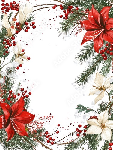 Festive Christmas Border Frame with Poinsettia Flowers, Holly Berries, and Pine Branches – A Whimsical Illustration for Holiday Art and Decoration