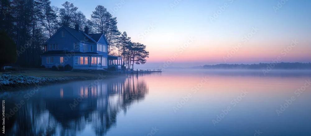 Fototapeta premium A serene waterfront home with a foggy morning sunrise.