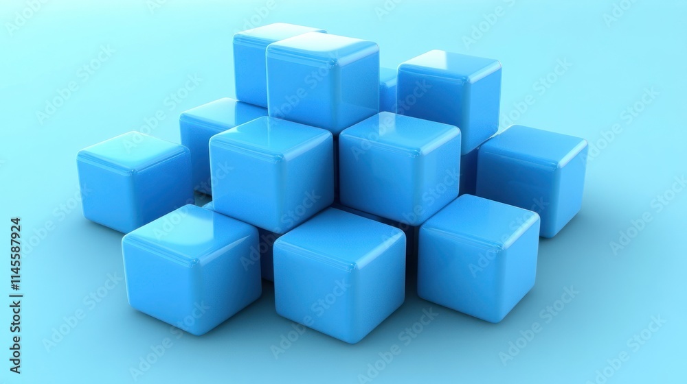 Abstract Blue Cubes Arrangement: A 3D Render of Stacked Cubes on a Light Blue Background Abstract Blue Cubes Arrangement: A 3D Render of Stacked Cubes on a Light Blue Background