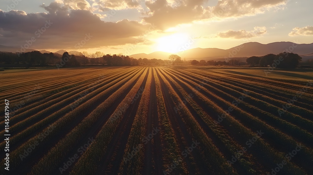 Sunset over agricultural fields rural landscape aerial view nature's beauty tranquil environment Sunset over agricultural fields rural landscape aerial view nature's beauty tranquil environment