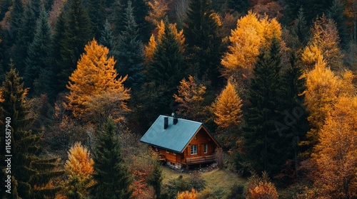 Vibrant Autumn Forest with Cozy Cabin Surrounded by Colorful Trees