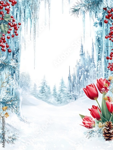 Enchanting Winter Wonderland Illustration Featuring Icicles, Holly Berries, and Vibrant Tulips in a Fantasy Landscape with a Castle in the Background