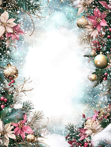 Festive Decorative Border Featuring Christmas Elements in a Fantasy Art Style with Lush Greenery, Bright Flowers, and Snowflakes for Holiday-Themed Designs