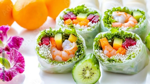 Fresh Spring Rolls with Shrimp and Colorful Vegetable Filling photo