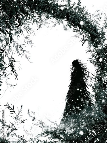 Enchanted Forest Spirit Emerging from Snowy Border with Lush Greenery, Evoking a Serene Christmas Atmosphere and a Sense of Magical Wonder