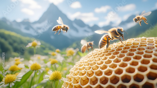 A photorealistic scene of bees flying around an open honeycomb, capturing the natural beauty and activity of bees in their habitat, perfect for nature lovers, environmental awareness, and wildlife pho photo