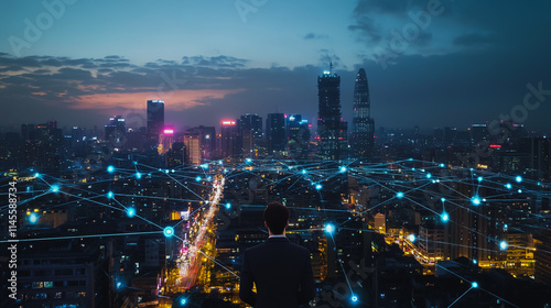 Wallpaper Mural Smart digital city with connection cyber security network reciprocity over the cityscape . future smart wireless digital city and social media networking systems that connects people within the city Torontodigital.ca