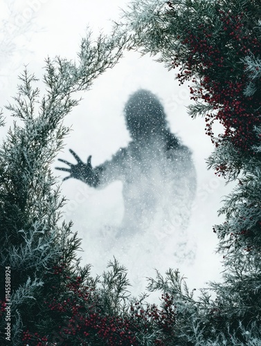 Enigmatic Figure Emerging from a Snowy Forest Frame with Lush Greenery, Christmas Spirit, and Touch of Mystery