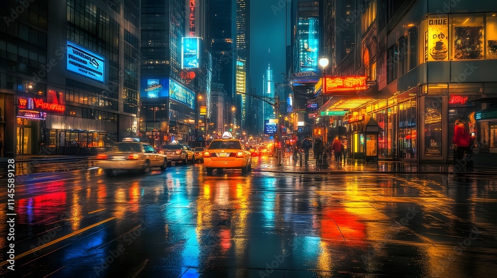Nightlife action in times square new york city urban scene vibrant colors reflective streets Nightlife action in times square new york city urban scene vibrant colors reflective streets