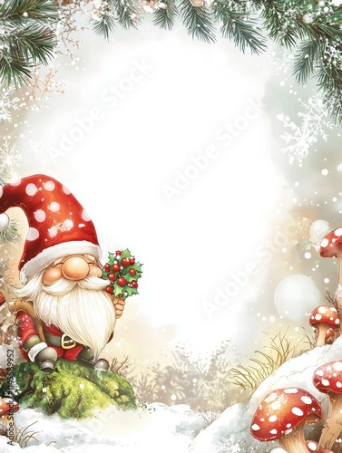 Whimsical Christmas Gnome with Holly Surrounded by Mushrooms and Snowflakes in a Festive Frame for Holiday Celebrations and Card Design