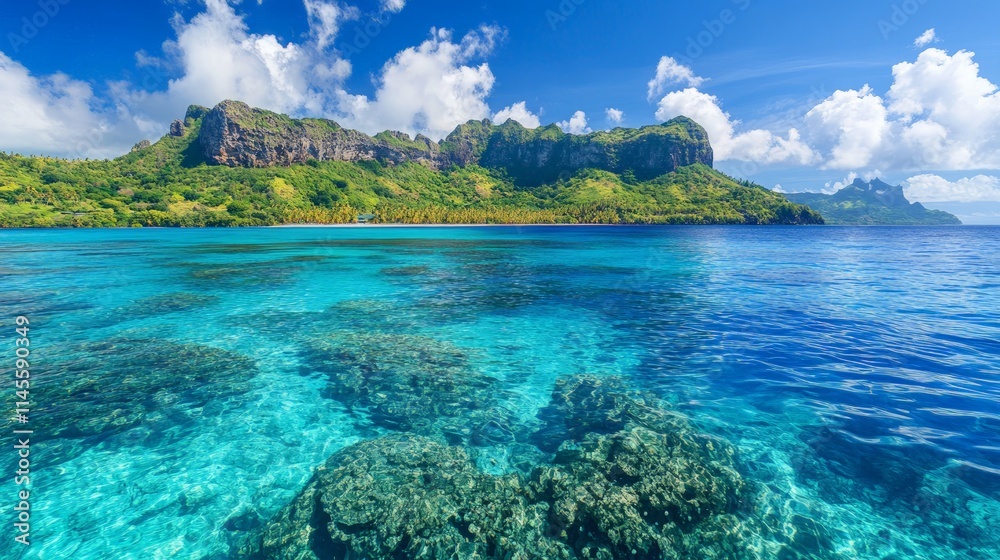 Fototapeta premium Pristine Coral Reef Waters Under Bright Blue Sky and Vibrant Landscape