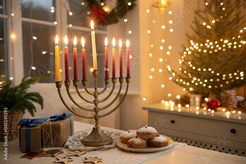 Hanukkah Menorah with Lit Candles and Christmas Tree in Festive Home photo