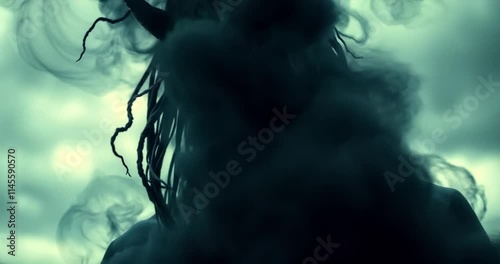 Cinematic portrait photograph of a demonic entity, thick black smoke with tendrils, intense dramatic weather, cool colors, blues, greens, purples, stormy skies, high tension.