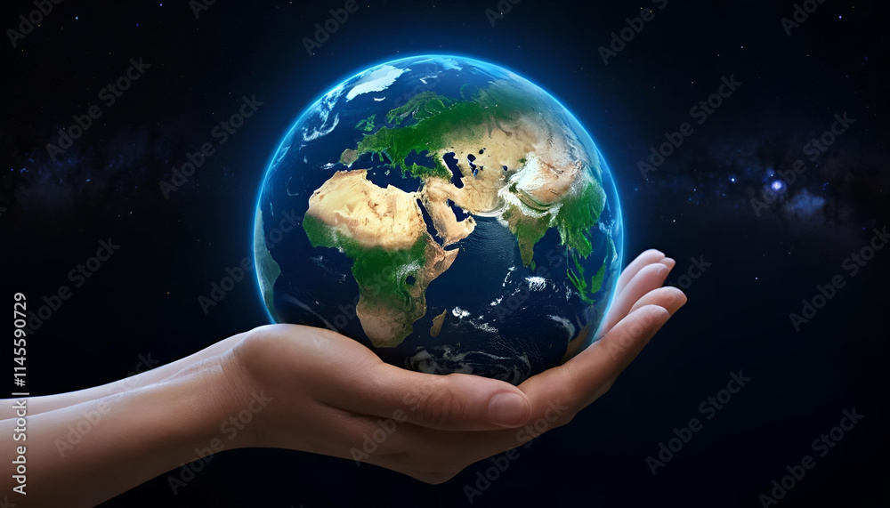 Two hands holding a glowing, transparent Earth globe with continents illuminated, against a dark background Two hands holding a glowing, transparent Earth globe with continents illuminated, against a dark background