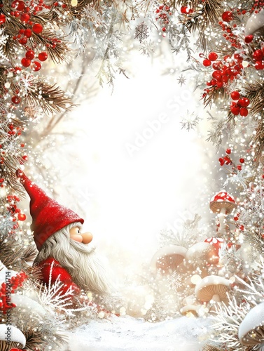 Charming Christmas Border Featuring a Whimsical Gnome Peering Into a Winter Wonderland with Festive Decorations and Snowy Background