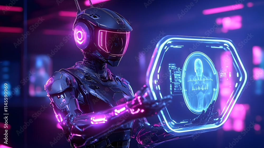 futuristic robot analyzing data hologram - cyberpunk aesthetic futuristic robot analyzing data hologram - cyberpunk aesthetic