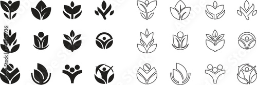 Eco friendly icons set in trendy flat and line style. Ecologic food stamp. Organic natural food vectors illustration. Element designs for natural concept collection isolated on transparent background.