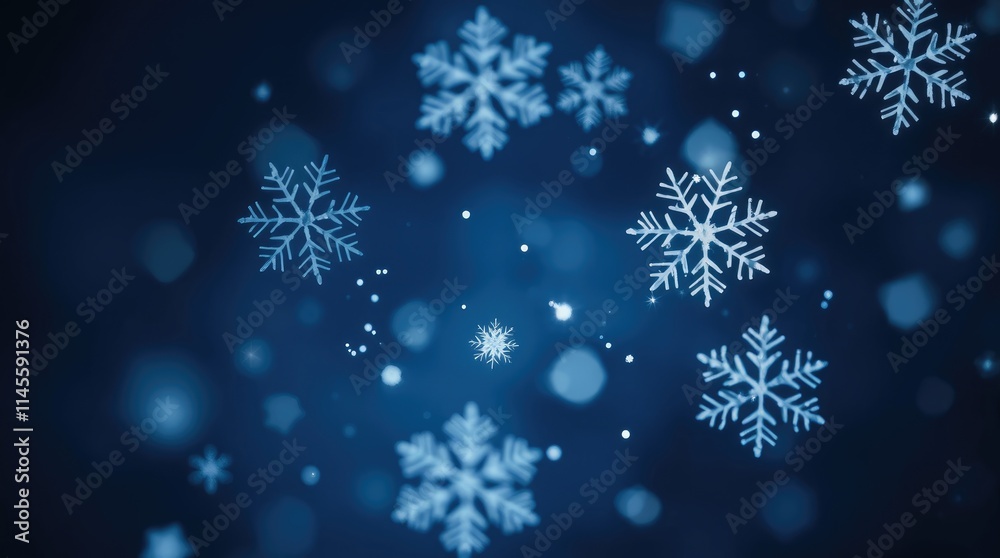 Snowflakes gently descend through a tranquil blue atmosphere, filling the air with a sense of calm and charm reminiscent of winter's beauty Snowflakes gently descend through a tranquil blue atmosphere, filling the air with a sense of calm and charm reminiscent of winter's beauty