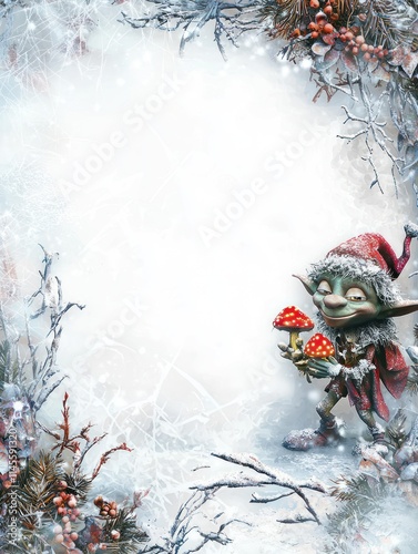 Enchanting Goblin in Festive Frame with Snowy Background, Holding Colorful Mushrooms Surrounded by Winter Wonderland, Perfect for Christmas Themed Projects and Designs