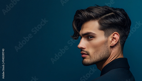 A photo of a man with a sharp side-part fade, shows off his stylish and modern look