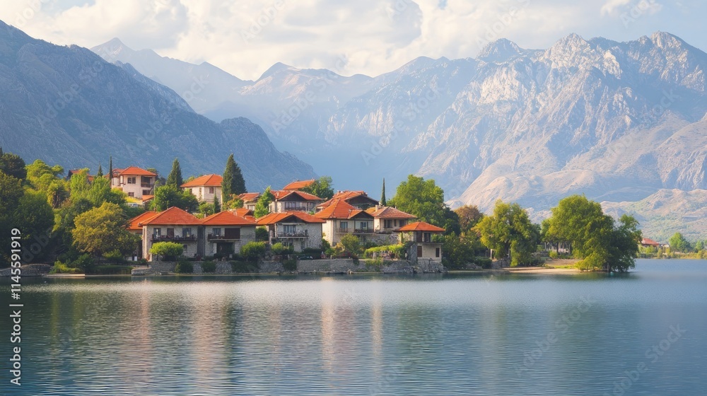 Quaint Village with Red Roofed Houses by Calm Lake and Mountains Quaint Village with Red Roofed Houses by Calm Lake and Mountains
