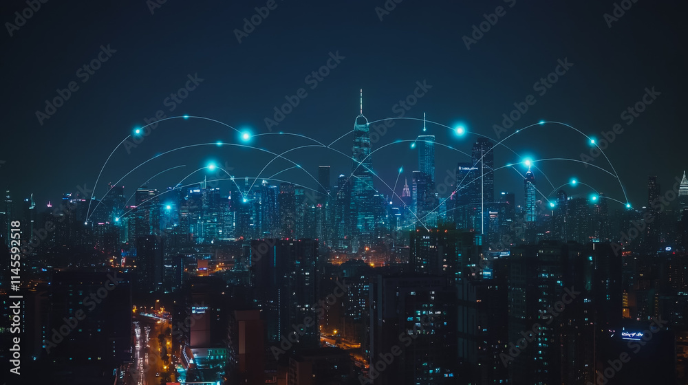 Fototapeta premium Smart digital city with connection cyber security network reciprocity over the cityscape . future smart wireless digital city and social media networking systems that connects people within the city
