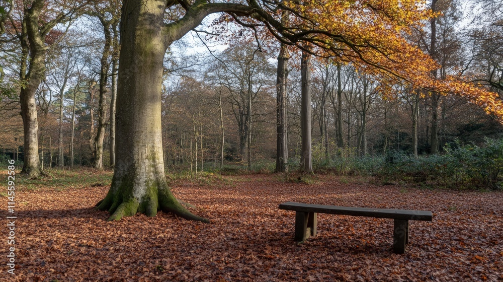 Tranquil Autumn Forest Scene with Wooden Bench Under Golden Leaves Tranquil Autumn Forest Scene with Wooden Bench Under Golden Leaves