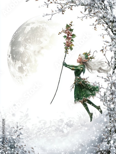 High-Quality Illustration of a Festively Adorned Elf Surrounded by Snow, Holding a Holiday Staff Against a Moonlit Background